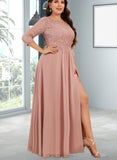 Janey A-line Scoop Floor-Length Chiffon Lace Bridesmaid Dress UKP0019489