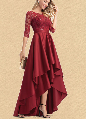 Reyna A-line Scoop Illusion Asymmetrical Lace Satin Bridesmaid Dress With Sequins UKP0019490