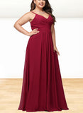 Danielle A-line V-Neck Floor-Length Chiffon Bridesmaid Dress With Pleated UKP0019491