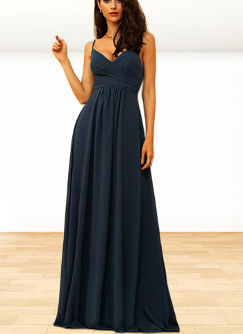 Danielle A-line V-Neck Floor-Length Chiffon Bridesmaid Dress With Pleated UKP0019491