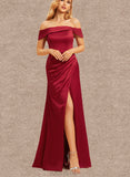 Riley A-line Off the Shoulder Floor-Length Satin Bridesmaid Dress UKP0019492