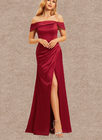 Riley A-line Off the Shoulder Floor-Length Satin Bridesmaid Dress UKP0019492