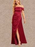 Riley A-line Off the Shoulder Floor-Length Satin Bridesmaid Dress UKP0019492