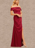 Riley A-line Off the Shoulder Floor-Length Satin Bridesmaid Dress UKP0019492