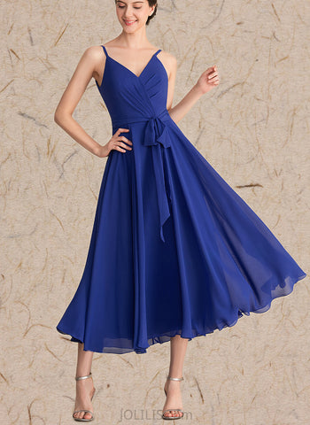 Gwen A-line V-Neck Tea-Length Chiffon Bridesmaid Dress With Bow Ruffle UKP0019494