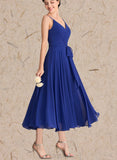 Gwen A-line V-Neck Tea-Length Chiffon Bridesmaid Dress With Bow Ruffle UKP0019494