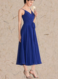 Gwen A-line V-Neck Tea-Length Chiffon Bridesmaid Dress With Bow Ruffle UKP0019494