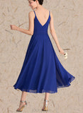 Gwen A-line V-Neck Tea-Length Chiffon Bridesmaid Dress With Bow Ruffle UKP0019494