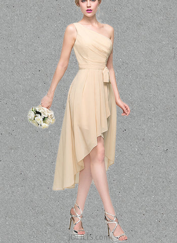 Zoe A-line One Shoulder Asymmetrical Chiffon Bridesmaid Dress With Bow Cascading Ruffles Ruffle UKP0019496