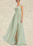 Janet A-line V-Neck Floor-Length Chiffon Lace Bridesmaid Dress UKP0019499