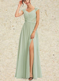 Janet A-line V-Neck Floor-Length Chiffon Lace Bridesmaid Dress UKP0019499