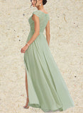 Janet A-line V-Neck Floor-Length Chiffon Lace Bridesmaid Dress UKP0019499