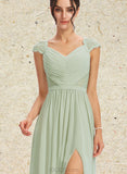 Janet A-line V-Neck Floor-Length Chiffon Lace Bridesmaid Dress UKP0019499