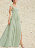 Janet A-line V-Neck Floor-Length Chiffon Lace Bridesmaid Dress UKP0019499