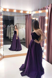 A Line Purple Satin Sweetheart Long Prom Dresses With Pockets, Strapless Evening Dresses SJS15015