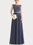 Salome A-line Scoop Floor-Length Chiffon Lace Satin Bridesmaid Dress With Bow UKP0019500