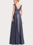 Salome A-line Scoop Floor-Length Chiffon Lace Satin Bridesmaid Dress With Bow UKP0019500