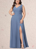 Carolina A-line V-Neck Floor-Length Chiffon Bridesmaid Dress With Bow UKP0019502