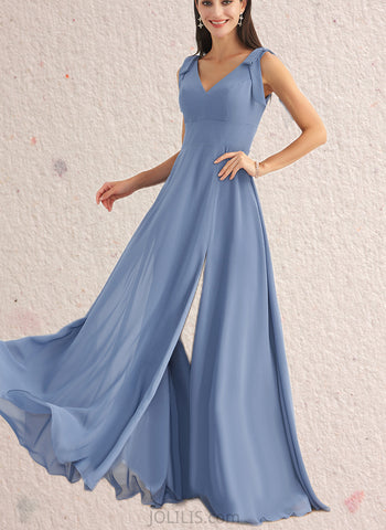 Carolina A-line V-Neck Floor-Length Chiffon Bridesmaid Dress With Bow UKP0019502