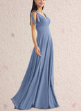 Carolina A-line V-Neck Floor-Length Chiffon Bridesmaid Dress With Bow UKP0019502