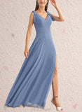 Carolina A-line V-Neck Floor-Length Chiffon Bridesmaid Dress With Bow UKP0019502