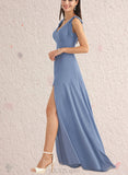 Carolina A-line V-Neck Floor-Length Chiffon Bridesmaid Dress With Bow UKP0019502