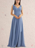 Carolina A-line V-Neck Floor-Length Chiffon Bridesmaid Dress With Bow UKP0019502