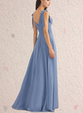 Carolina A-line V-Neck Floor-Length Chiffon Bridesmaid Dress With Bow UKP0019502