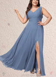 Carolina A-line V-Neck Floor-Length Chiffon Bridesmaid Dress With Bow UKP0019502