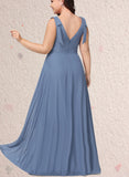 Carolina A-line V-Neck Floor-Length Chiffon Bridesmaid Dress With Bow UKP0019502