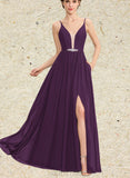 Allyson A-line V-Neck Floor-Length Chiffon Bridesmaid Dress With Beading Sequins UKP0019505