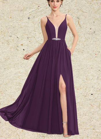 Allyson A-line V-Neck Floor-Length Chiffon Bridesmaid Dress With Beading Sequins UKP0019505