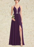 Allyson A-line V-Neck Floor-Length Chiffon Bridesmaid Dress With Beading Sequins UKP0019505