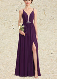 Allyson A-line V-Neck Floor-Length Chiffon Bridesmaid Dress With Beading Sequins UKP0019505