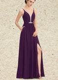 Allyson A-line V-Neck Floor-Length Chiffon Bridesmaid Dress With Beading Sequins UKP0019505