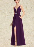 Allyson A-line V-Neck Floor-Length Chiffon Bridesmaid Dress With Beading Sequins UKP0019505