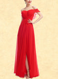 Caroline A-line Off the Shoulder Floor-Length Chiffon Bridesmaid Dress With Ruffle UKP0019511