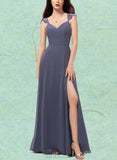 Serenity A-line V-Neck Floor-Length Chiffon Bridesmaid Dress UKP0019512