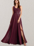 Breanna A-line V-Neck Floor-Length Chiffon Lace Bridesmaid Dress UKP0019513