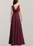 Breanna A-line V-Neck Floor-Length Chiffon Lace Bridesmaid Dress UKP0019513