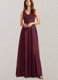 Breanna A-line V-Neck Floor-Length Chiffon Lace Bridesmaid Dress UKP0019513