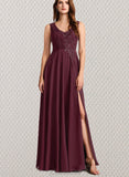 Breanna A-line V-Neck Floor-Length Chiffon Lace Bridesmaid Dress UKP0019513