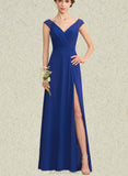 Justine A-line V-Neck Floor-Length Chiffon Lace Bridesmaid Dress With Ruffle UKP0019518