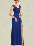 Justine A-line V-Neck Floor-Length Chiffon Lace Bridesmaid Dress With Ruffle UKP0019518