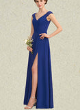 Justine A-line V-Neck Floor-Length Chiffon Lace Bridesmaid Dress With Ruffle UKP0019518