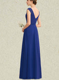 Justine A-line V-Neck Floor-Length Chiffon Lace Bridesmaid Dress With Ruffle UKP0019518