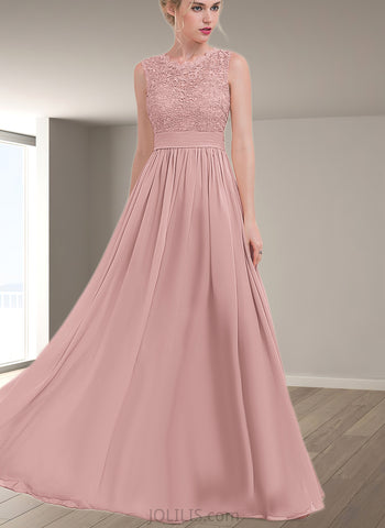 Kylee A-line Scoop Floor-Length Chiffon Lace Bridesmaid Dress With Ruffle UKP0019519