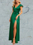 Paula A-line V-Neck Floor-Length Satin Bridesmaid Dress UKP0019520