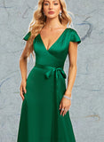 Paula A-line V-Neck Floor-Length Satin Bridesmaid Dress UKP0019520