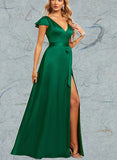 Paula A-line V-Neck Floor-Length Satin Bridesmaid Dress UKP0019520